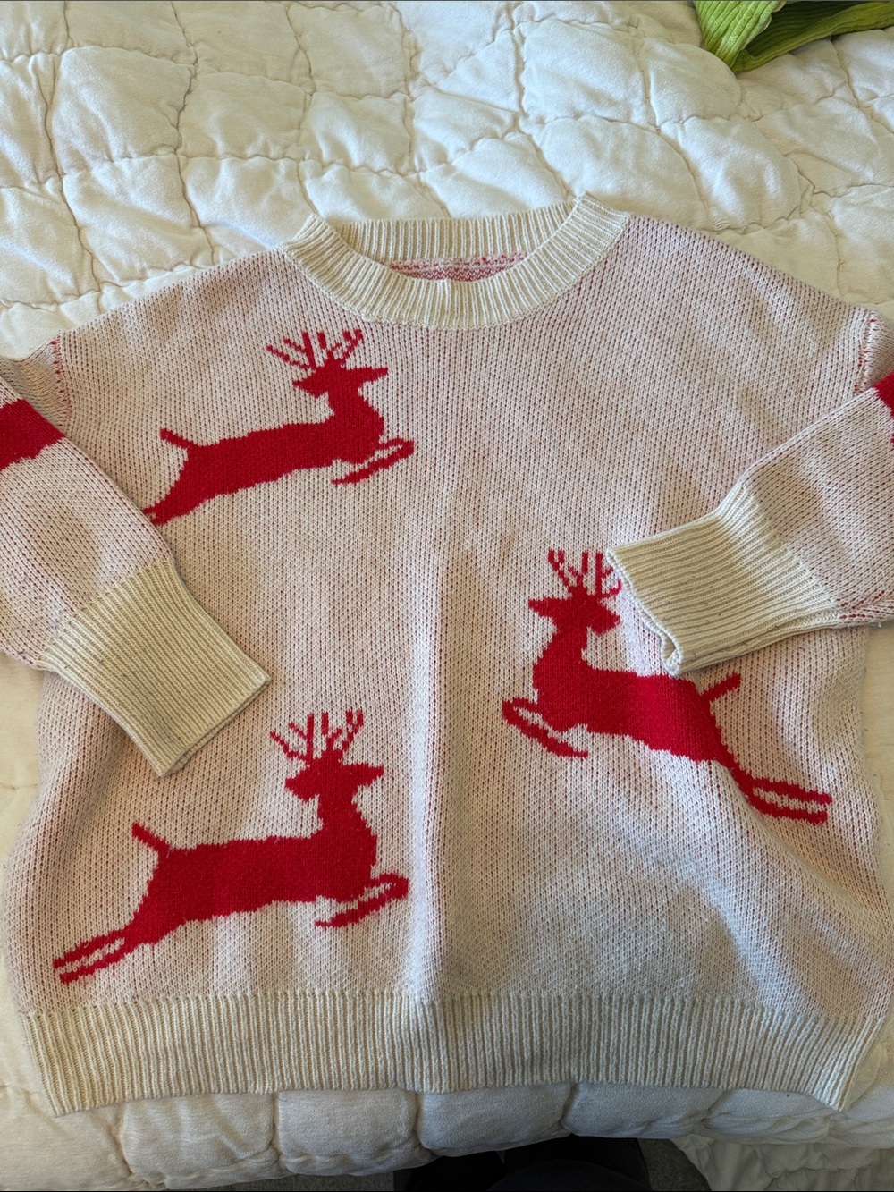 Women’s Cream Sweater with Red Reindeer Motif